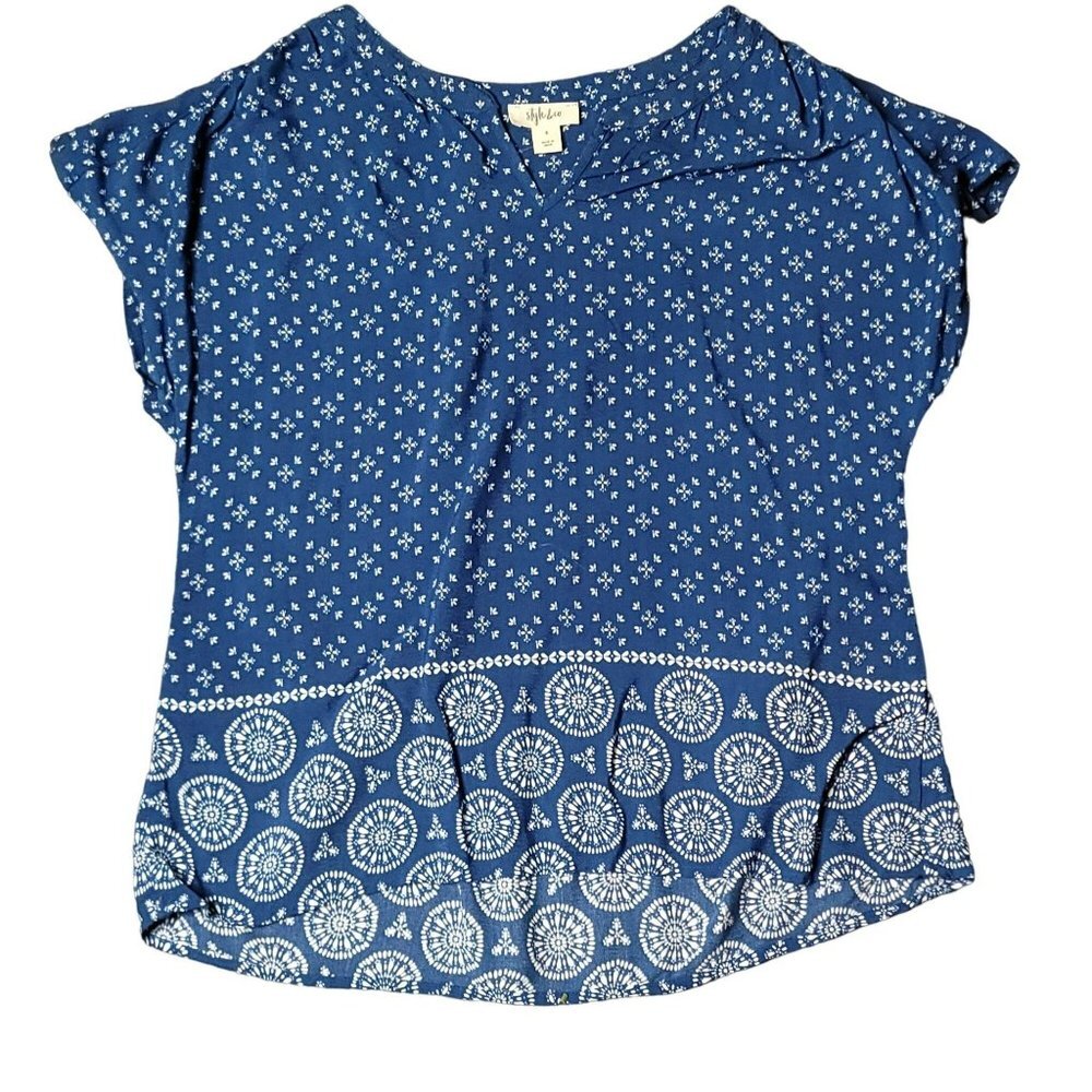Style & Co Floral Boho Top Blue White Short Sleeve Split Neck Cottage